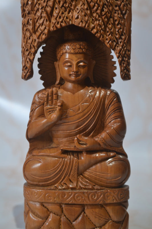 Sandalwood Carved Buddha Sitting under Tree Statue - Malji Arts