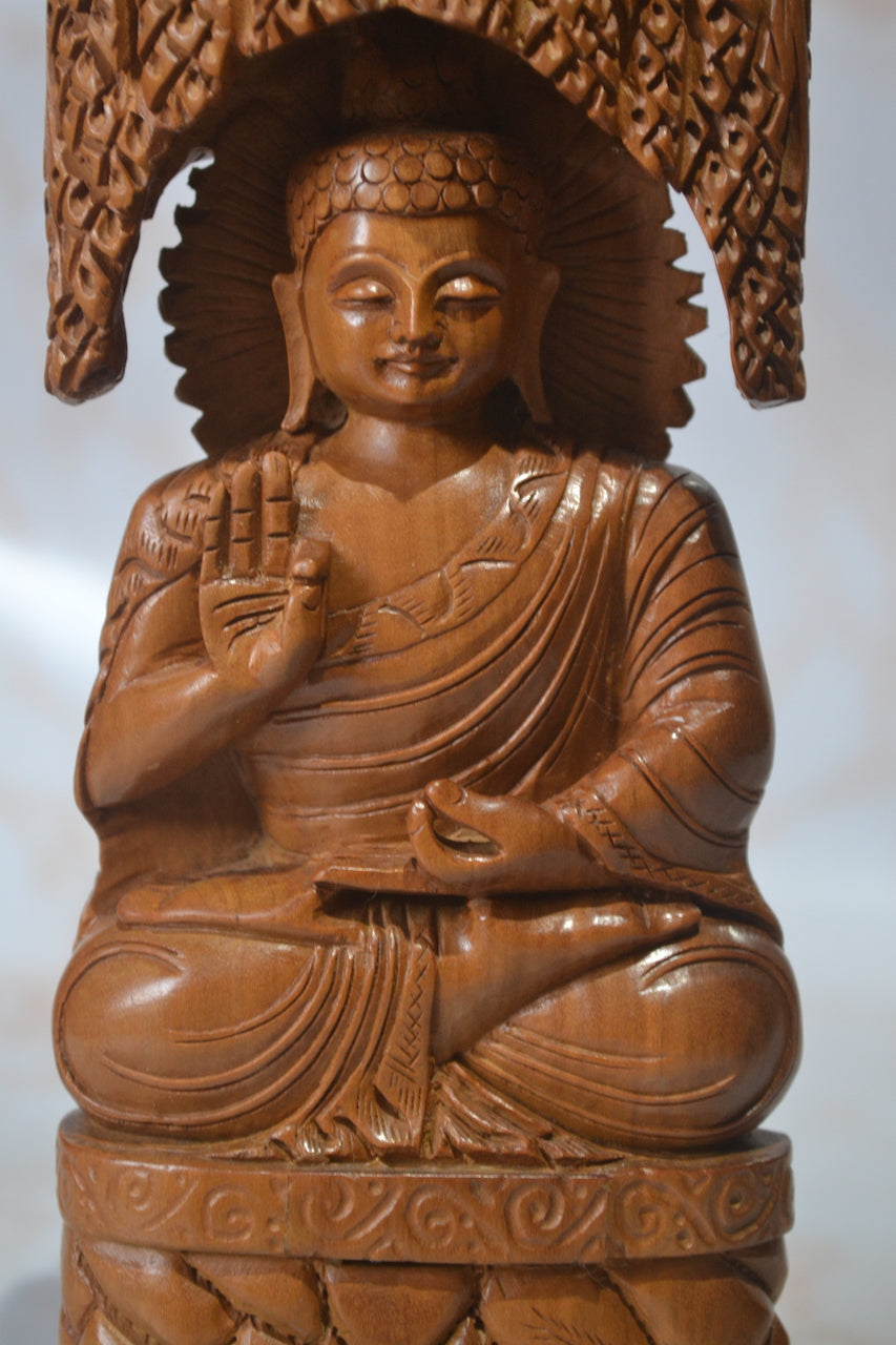 Sandalwood Carved Buddha Sitting under Tree Statue - Malji Arts