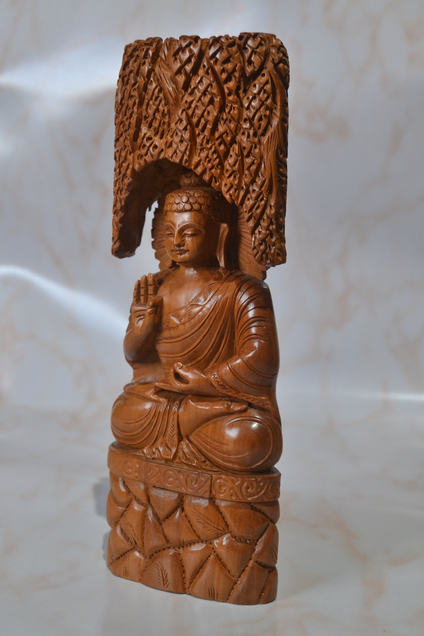 Sandalwood Carved Buddha Sitting under Tree Statue - Malji Arts