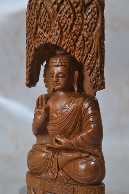 Sandalwood Carved Buddha Sitting under Tree Statue - Malji Arts