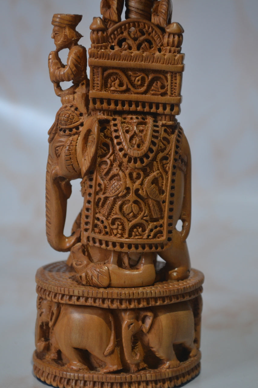 Sandalwood Detailed Carved Royal Elephant King Safari Statue - Malji Arts