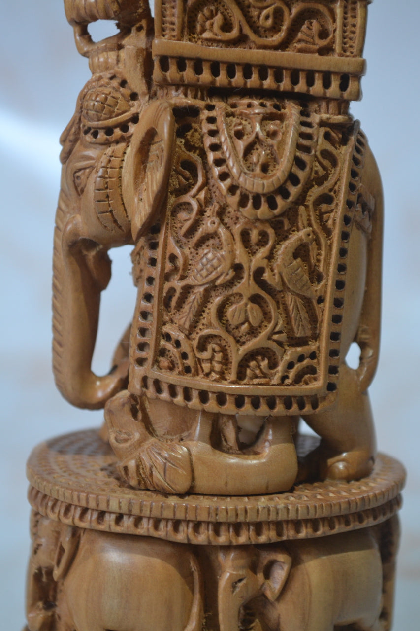 Sandalwood Detailed Carved Royal Elephant King Safari Statue - Malji Arts