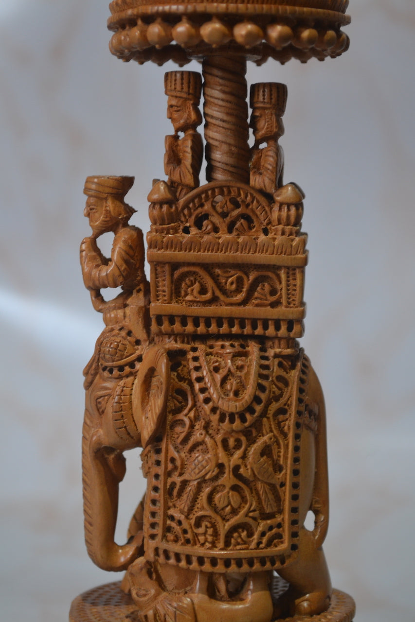 Sandalwood Detailed Carved Royal Elephant King Safari Statue - Malji Arts