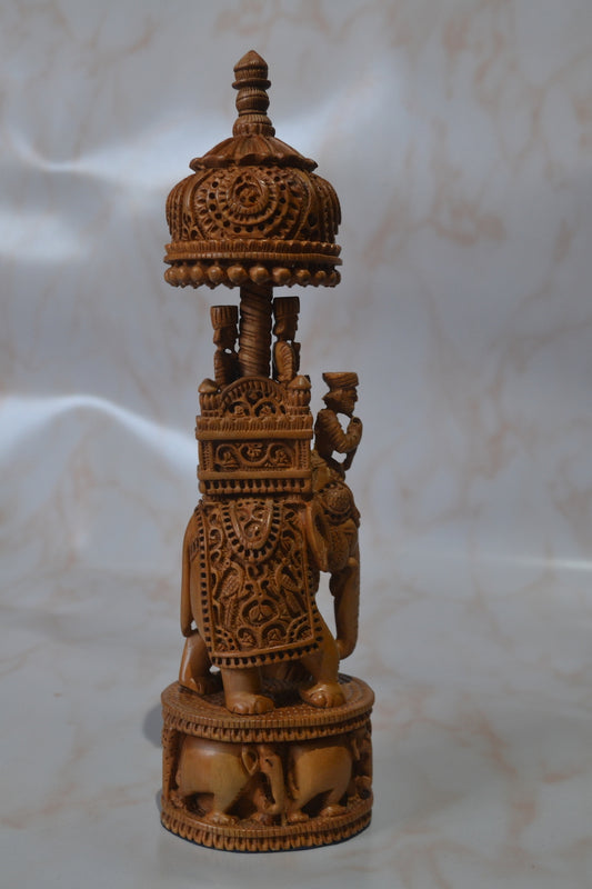 Sandalwood Detailed Carved Royal Elephant King Safari Statue - Malji Arts