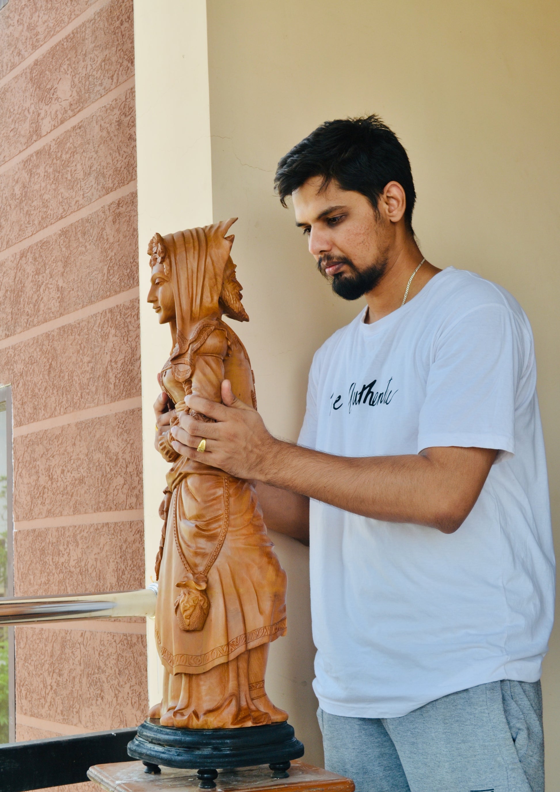 The Sandalwood Carved Double Statue of Mephistopheles & Margaretta - Malji Arts