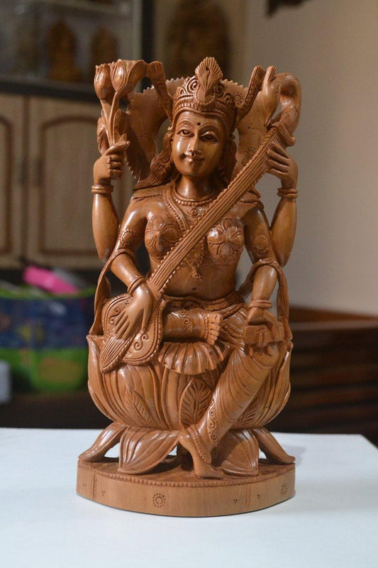 Sandalwood Hindu Goddess Saraswati Fine Hand Carved Statue - Malji Arts