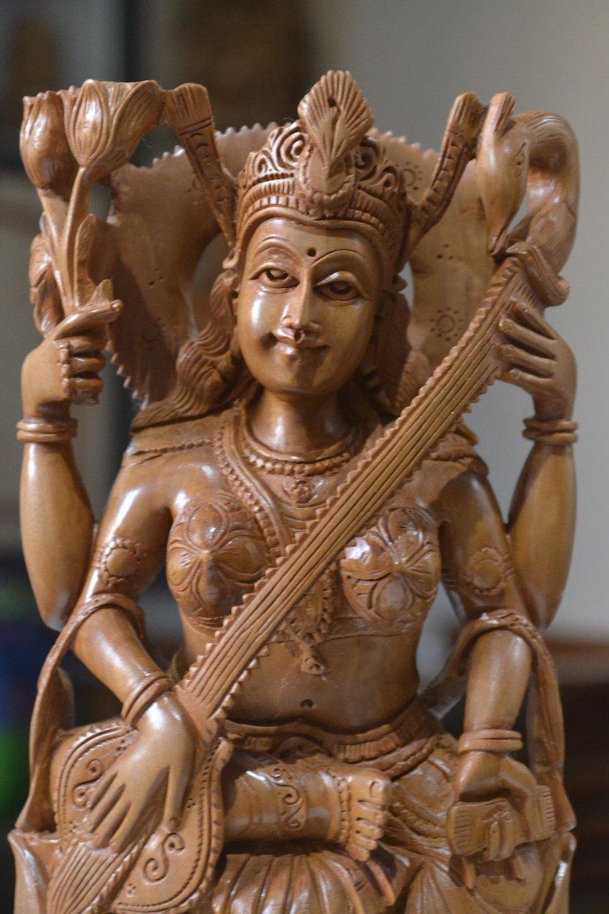Sandalwood Hindu Goddess Saraswati Fine Hand Carved Statue - Malji Arts