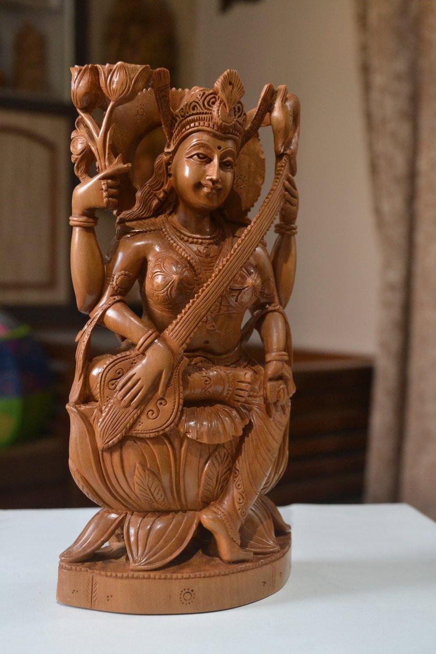 Sandalwood Hindu Goddess Saraswati Fine Hand Carved Statue - Malji Arts