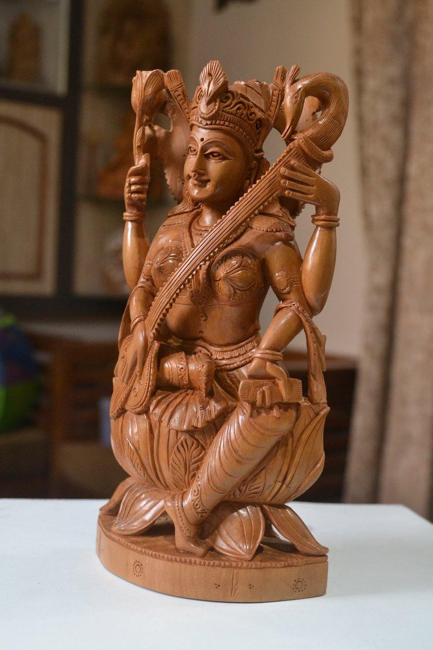 Sandalwood Hindu Goddess Saraswati Fine Hand Carved Statue - Malji Arts