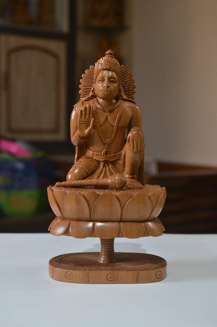 Sandalwood Unique Lord Hanuman Statue On Lotus - Malji Arts