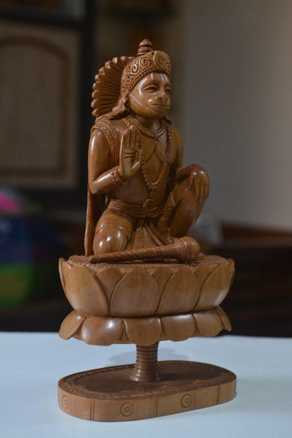 Sandalwood Unique Lord Hanuman Statue On Lotus - Malji Arts