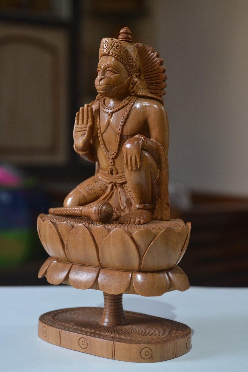 Sandalwood Unique Lord Hanuman Statue On Lotus - Malji Arts