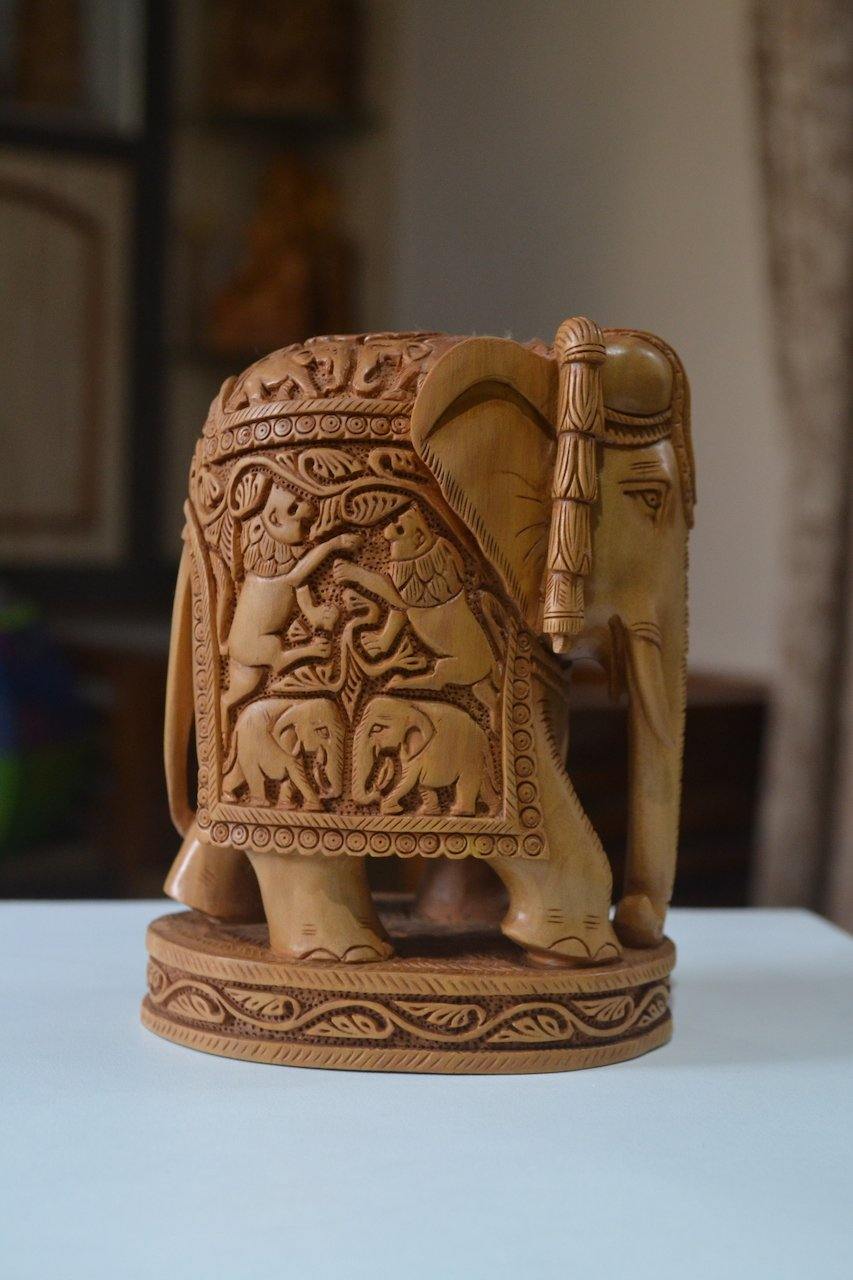 Sandalwood Hand Carved Round Elephant with Base - Malji Arts