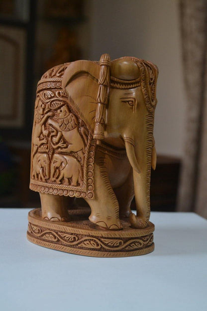 Sandalwood Hand Carved Round Elephant with Base - Malji Arts