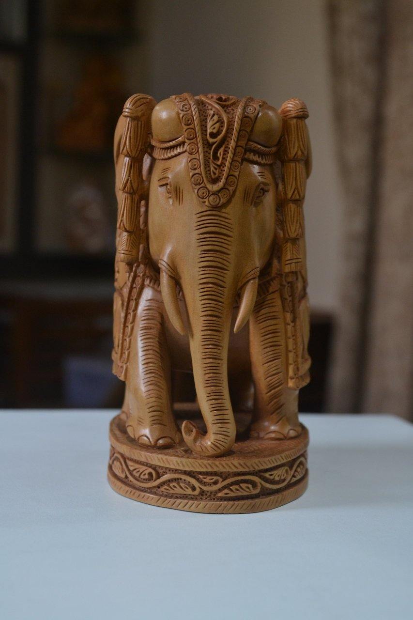 Sandalwood Hand Carved Round Elephant with Base - Malji Arts