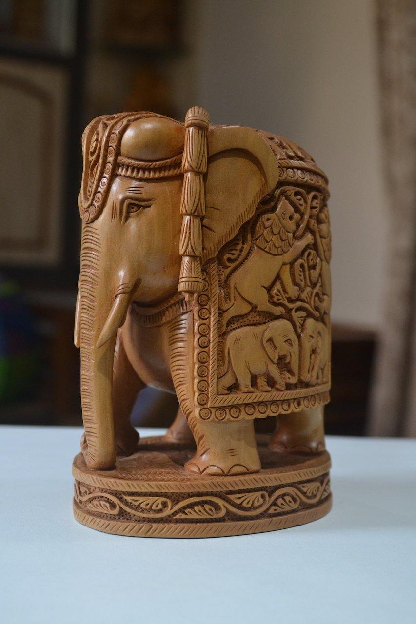 Sandalwood Hand Carved Round Elephant with Base - Malji Arts