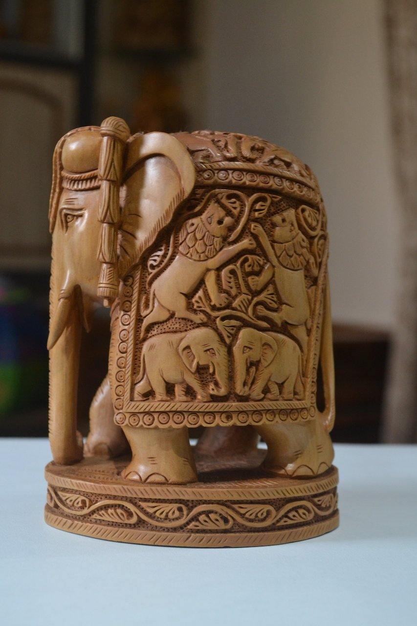 Sandalwood Hand Carved Round Elephant with Base - Malji Arts