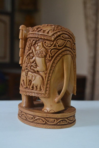 Sandalwood Hand Carved Round Elephant with Base - Malji Arts