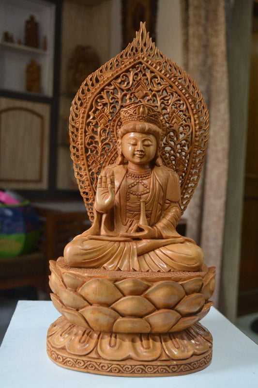 1 ft Beautifully Carved Wooden Jali Buddha Sitting Statue - Malji Arts