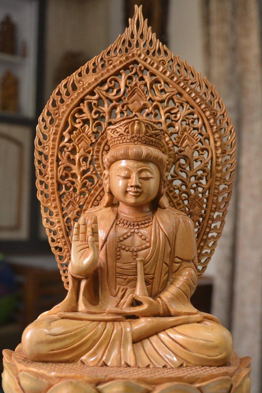 1 ft Beautifully Carved Wooden Jali Buddha Sitting Statue - Malji Arts