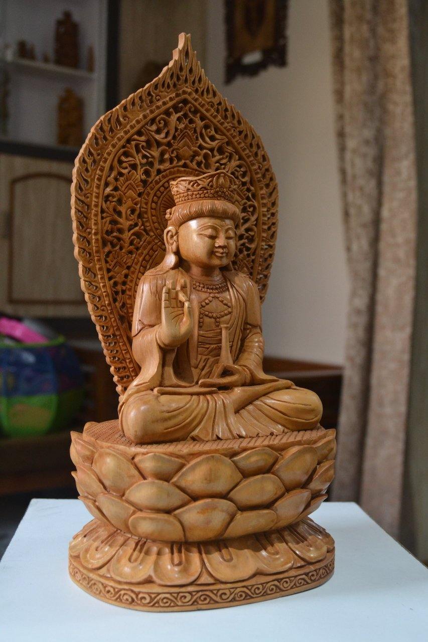 1 ft Beautifully Carved Wooden Jali Buddha Sitting Statue - Malji Arts