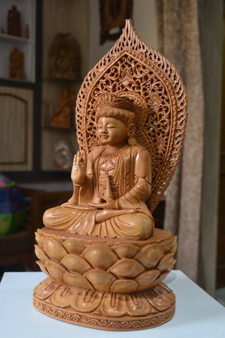 1 ft Beautifully Carved Wooden Jali Buddha Sitting Statue - Malji Arts
