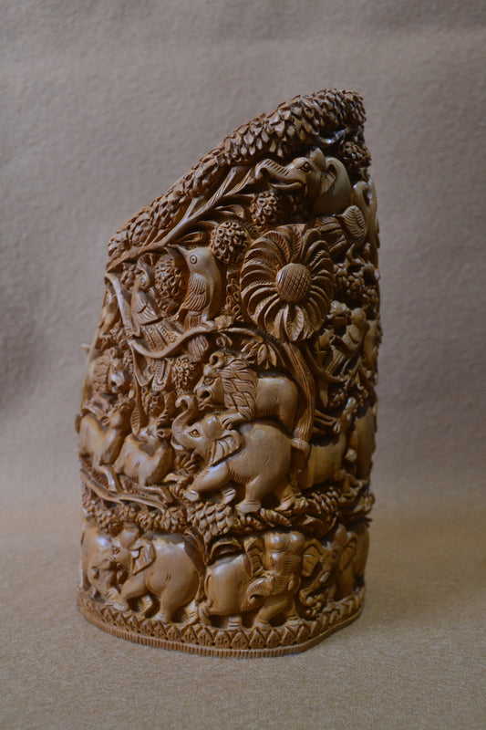 Sandalwood Solid Fine Carved Jungle and Buddha Meditation Scene - Malji Arts