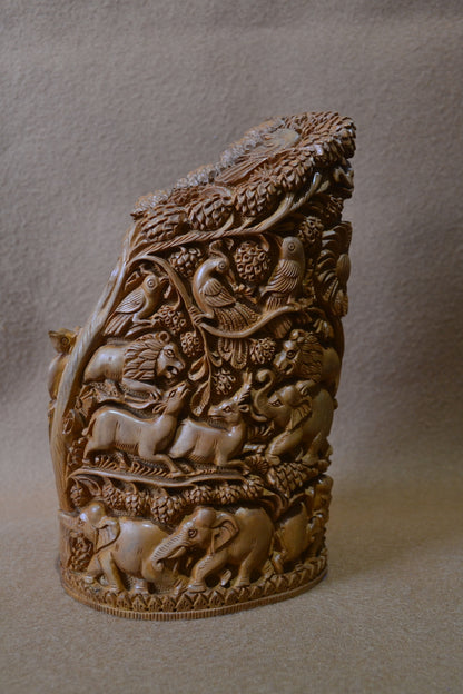 Sandalwood Solid Fine Carved Jungle and Buddha Meditation Scene - Malji Arts