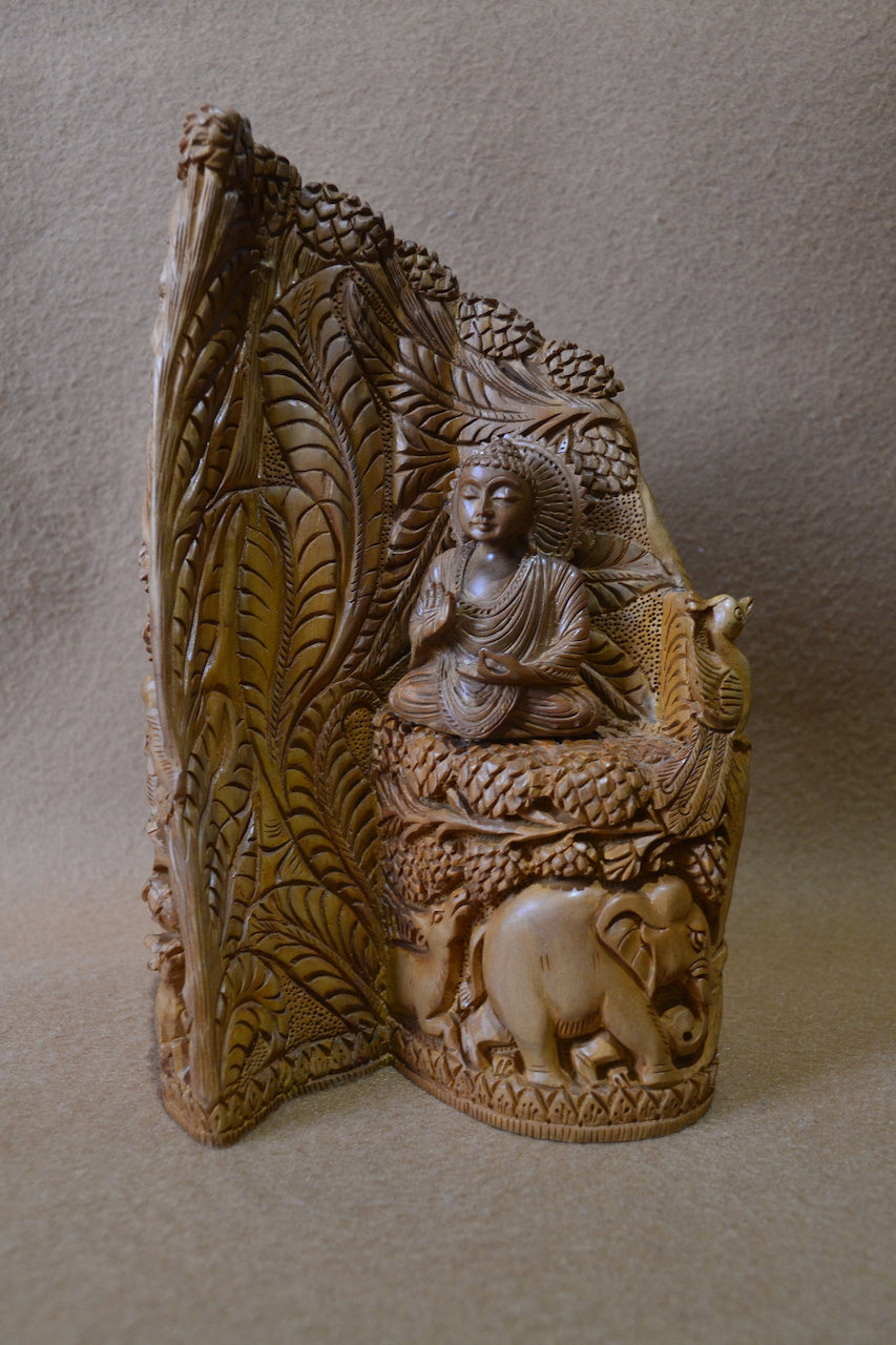 Sandalwood Solid Fine Carved Jungle and Buddha Meditation Scene - Malji Arts