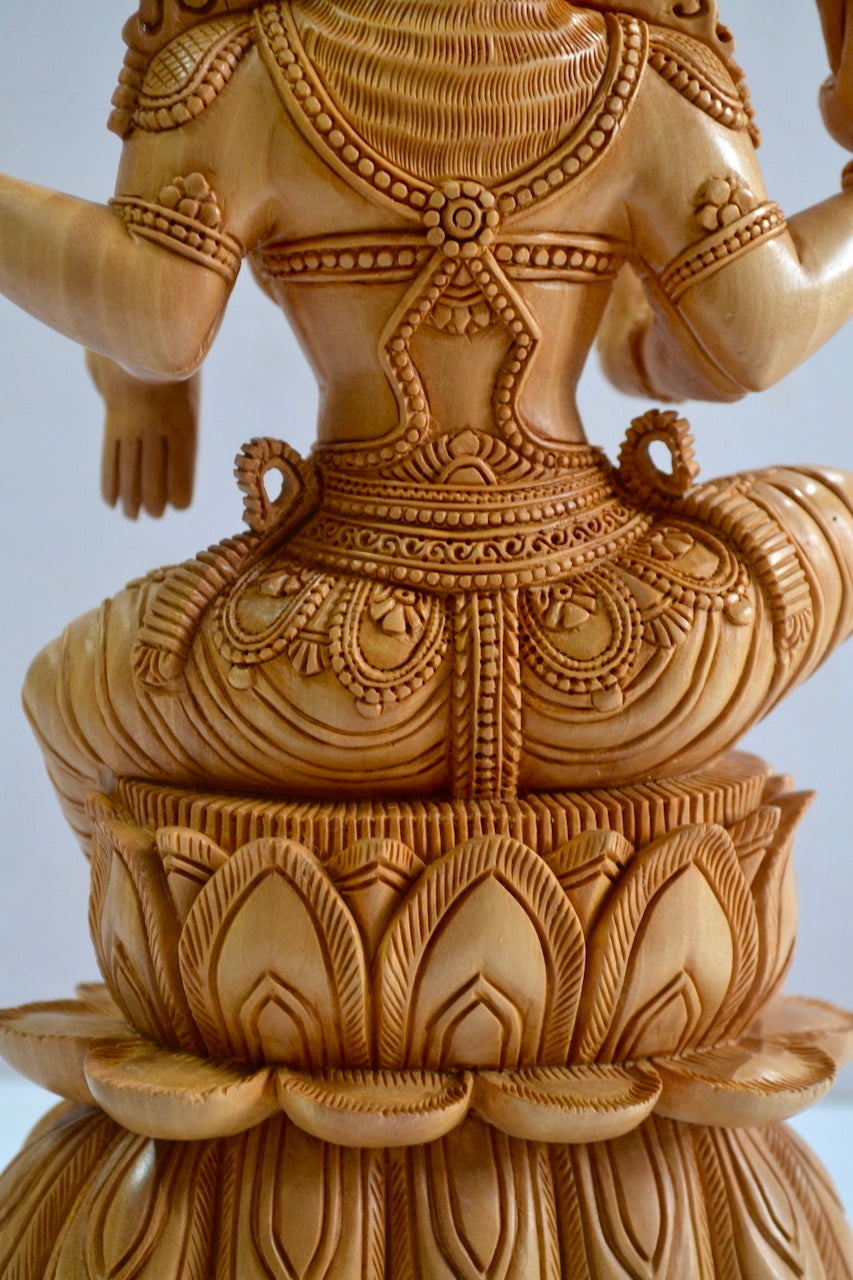 Wooden Fine Hand Carved Laxmi Statue - Malji Arts