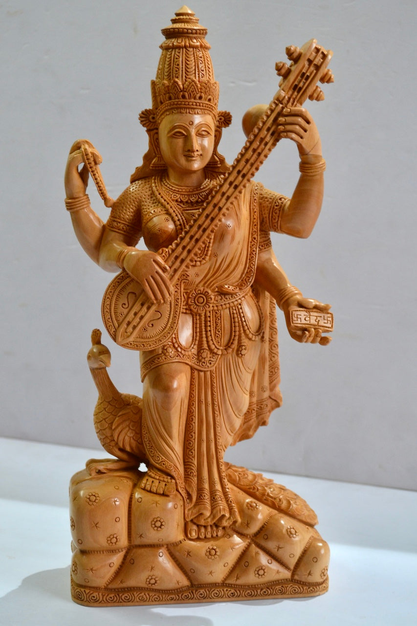 Wooden Special Carved Standing Goddess Saraswati Statue - Malji Arts