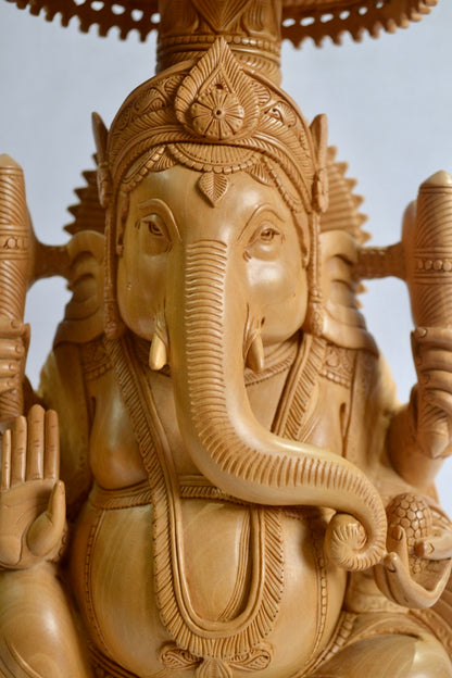 17" inch Wooden Large Special Smiling Lord Ganesha Chatri Round - Malji Arts