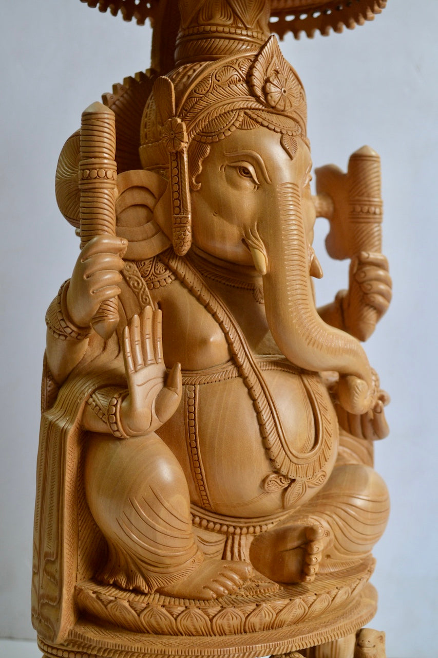 17" inch Wooden Large Special Smiling Lord Ganesha Chatri Round - Malji Arts