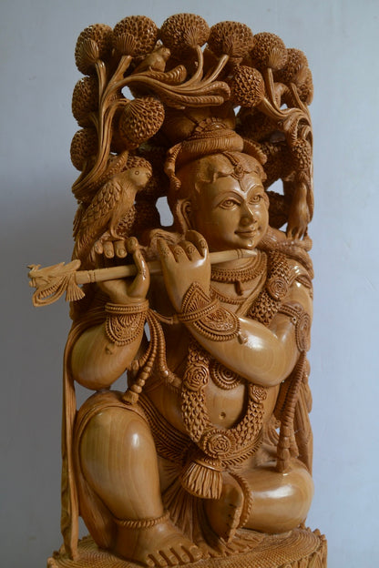 18" Inch Large Wooden Lord Krishna Sitting Under Tree - Malji Arts