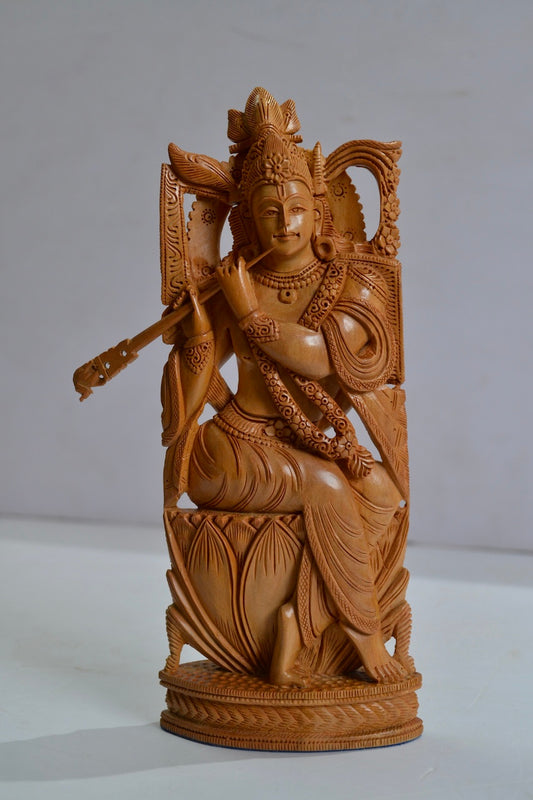 Authentic Aged Mysore Sandalwood Beautiful Krishna Sitting Statue - Malji Arts