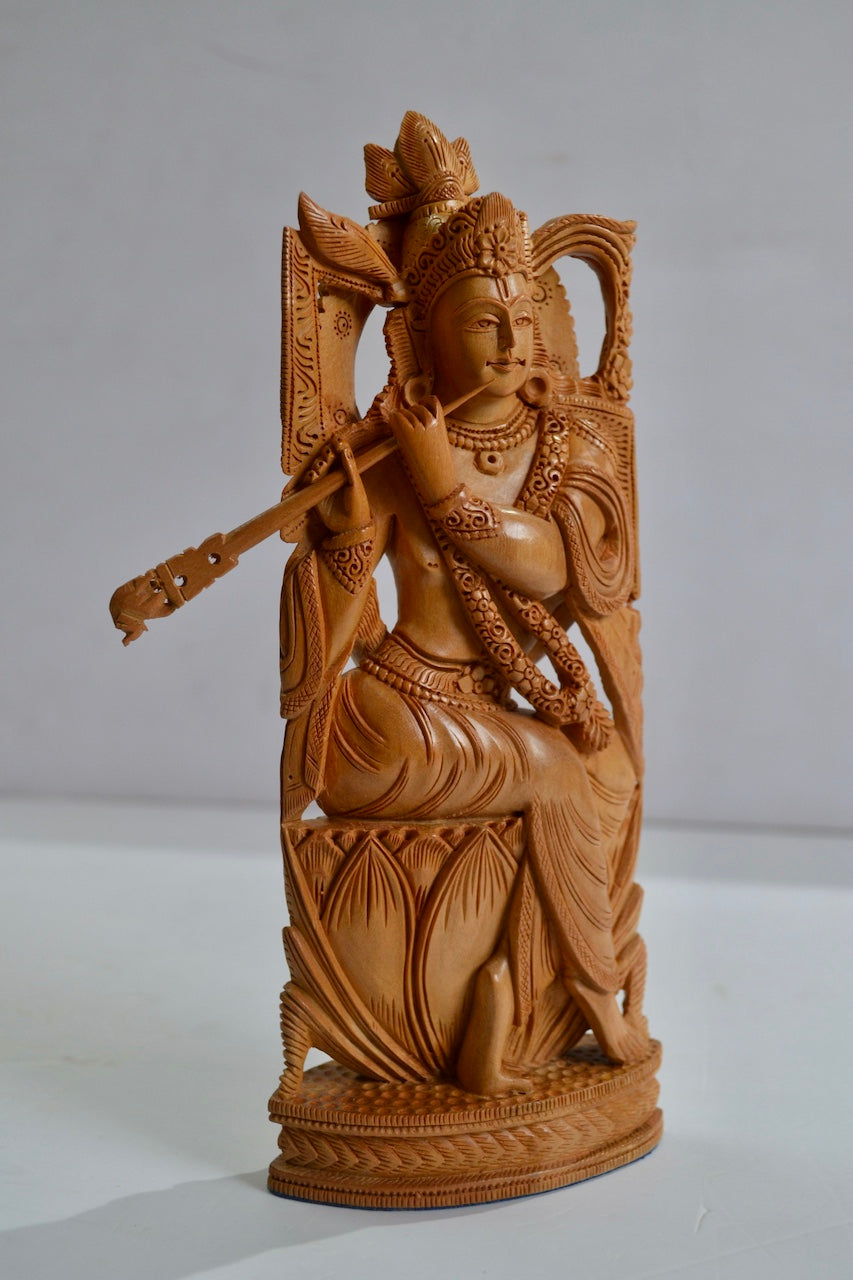 Authentic Aged Mysore Sandalwood Beautiful Krishna Sitting Statue - Malji Arts