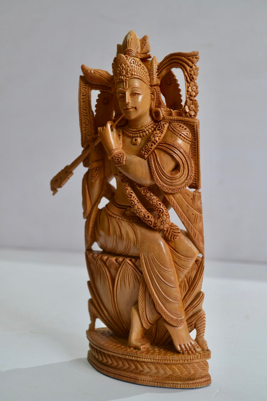 Authentic Aged Mysore Sandalwood Beautiful Krishna Sitting Statue - Malji Arts