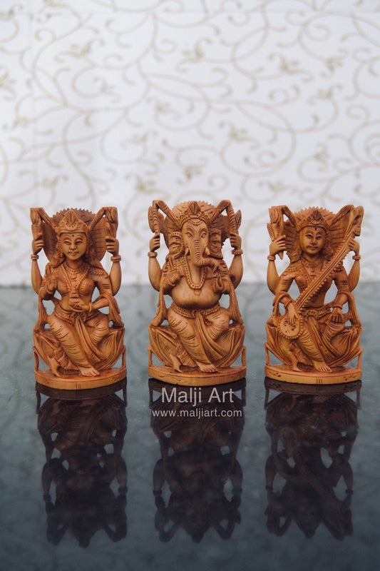 Combo offer - Sandalwood Ganesha, Laxmi & Saraswati Statue - Malji Arts