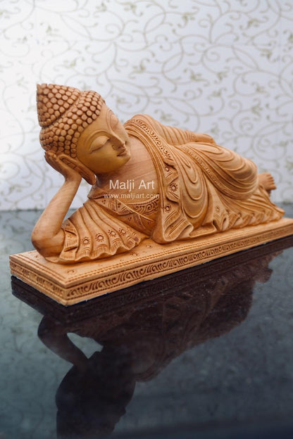 Wooden Fine Hand Carved Sleeping Buddha Statue - Malji Arts