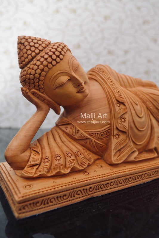 Wooden Fine Hand Carved Sleeping Buddha Statue - Malji Arts