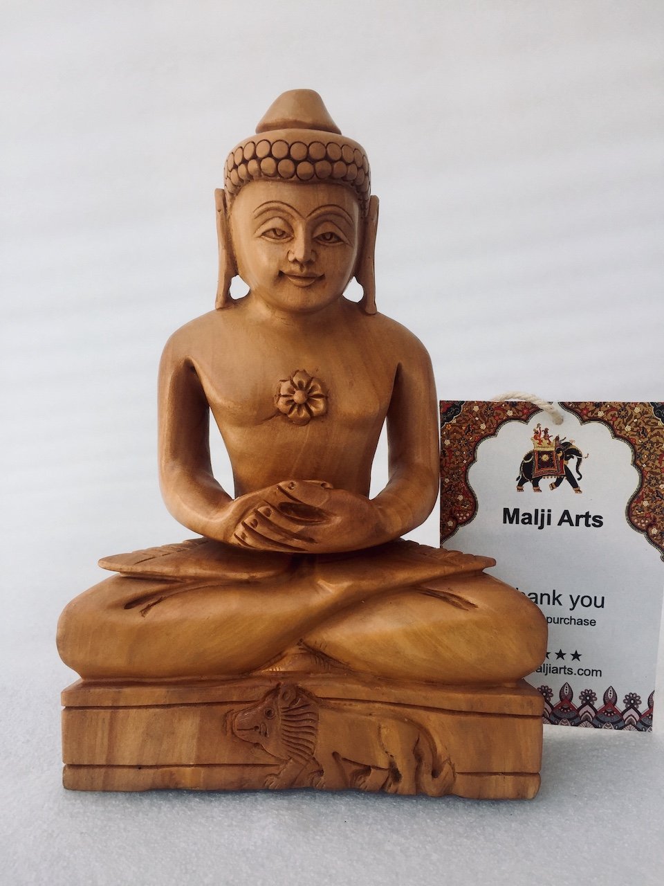 Wooden Hand Carved Mahaveer Bhagwan Statue - Malji Arts