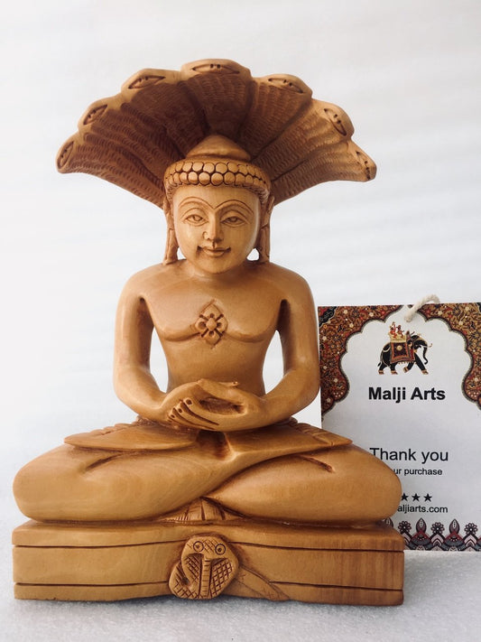 Wooden Hand Carved Lord Parasnath Statue - Malji Arts