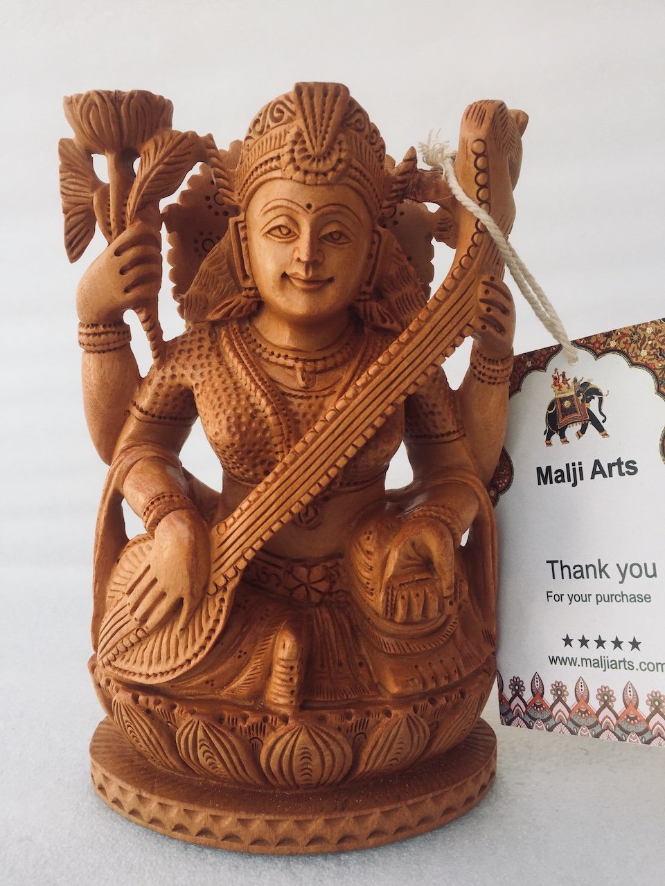 Wooden Hand Carved Saraswati Statue - Malji Arts