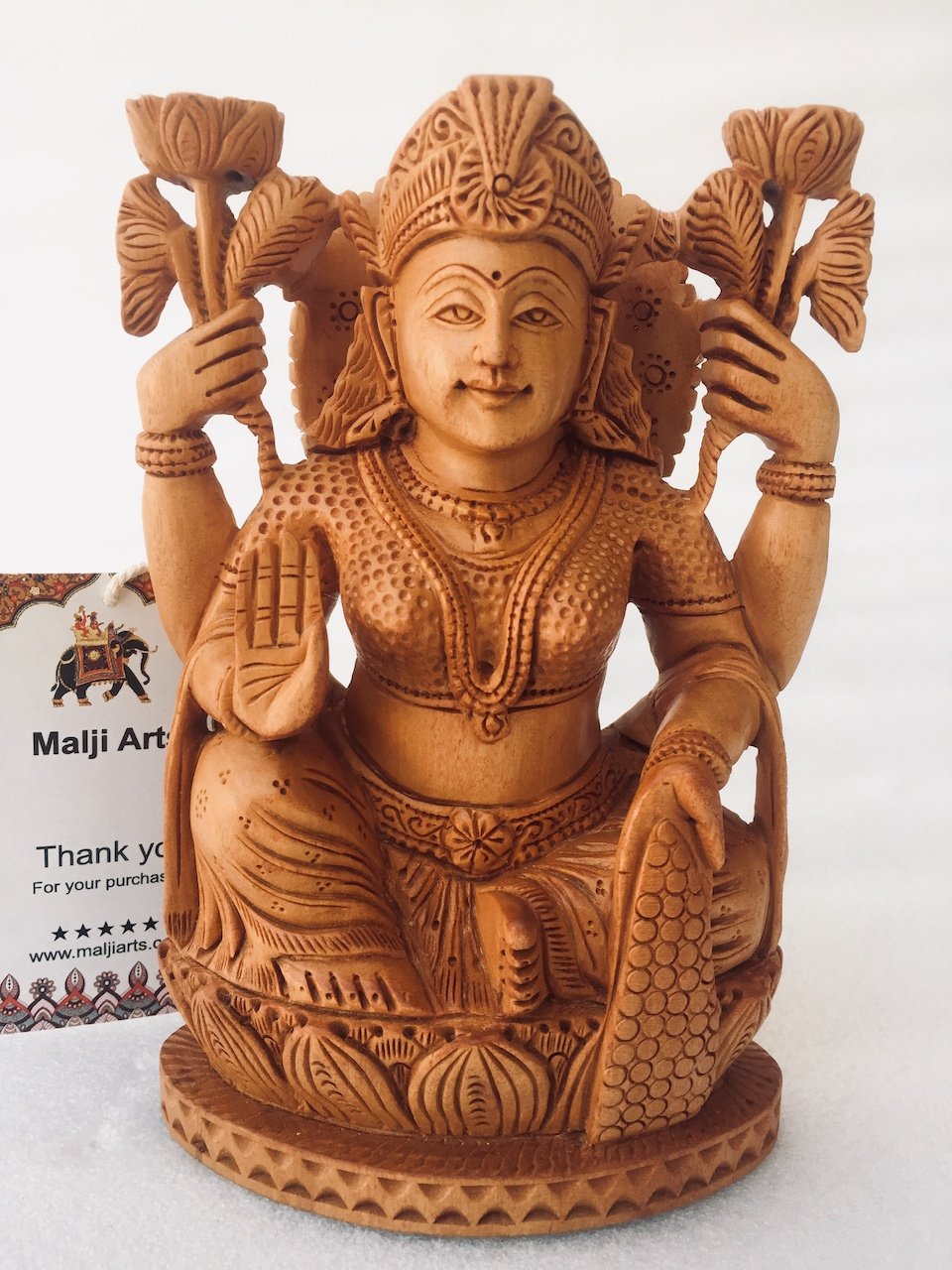 Wooden Hand Carved Goddess Laxmi Statue - Malji Arts
