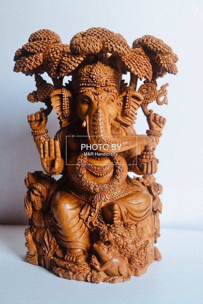 Sandalwood Hand Carved GANESH Under Tree Statue - Malji Arts