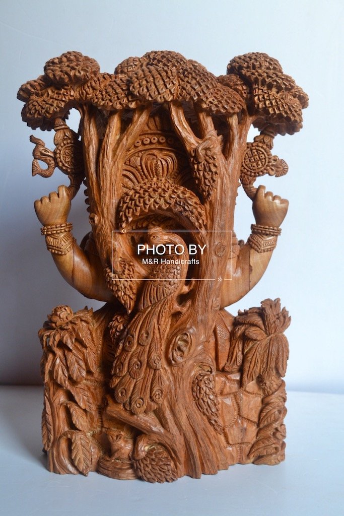 Sandalwood Hand Carved GANESH Under Tree Statue - Malji Arts