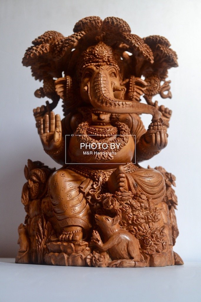 Sandalwood Hand Carved GANESH Under Tree Statue - Malji Arts