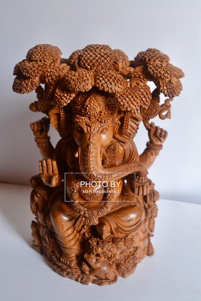 Sandalwood Hand Carved GANESH Under Tree Statue - Malji Arts
