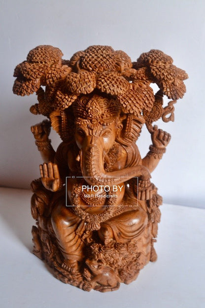 Sandalwood Hand Carved GANESH Under Tree Statue - Malji Arts