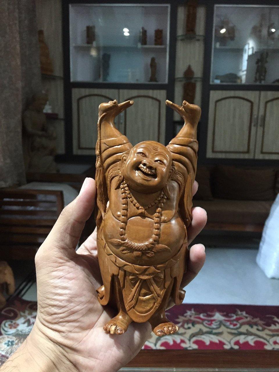 Sandalwood Carved Happy Man Laughing Buddha Statue - Malji Arts